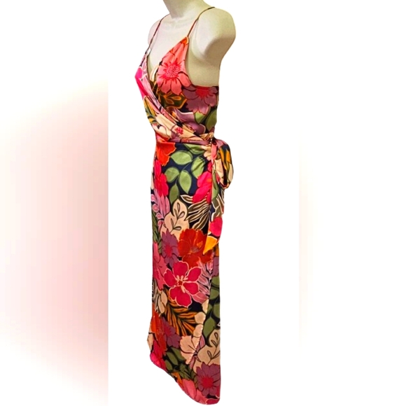 NATIVE CHIC Hot Pink/Green Multi-Color Tropical Satin Wrap Midi Dress, Large - Picture 14 of 16